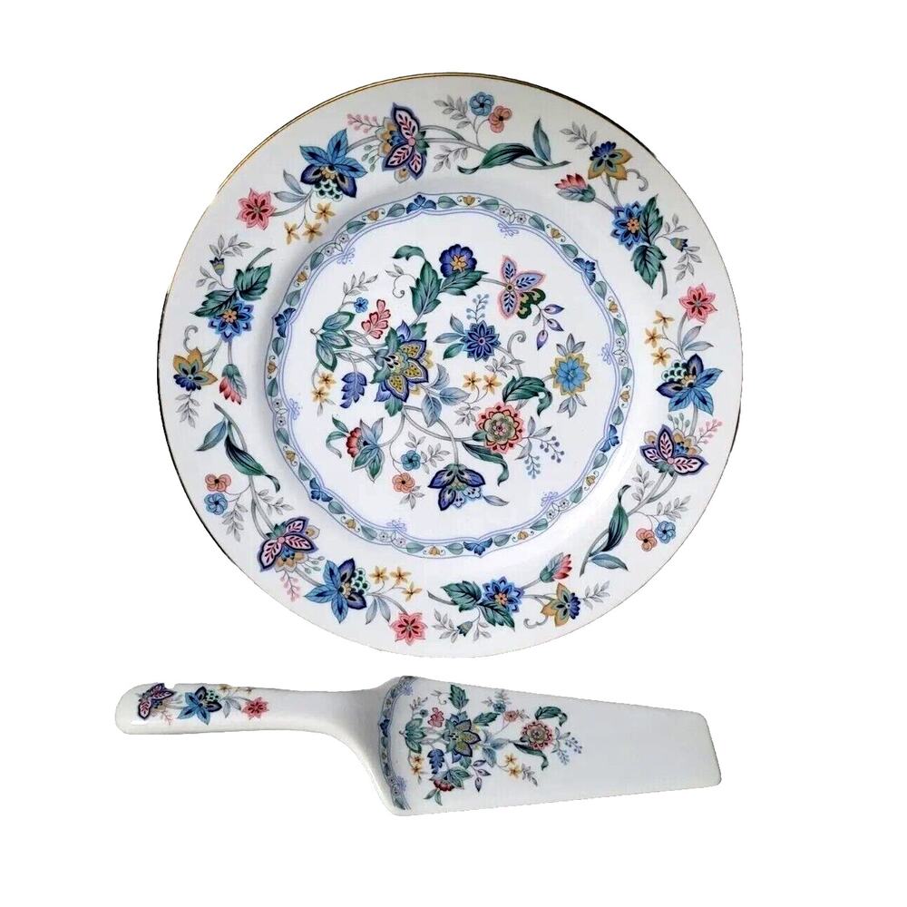 Andrea by Sadek Japan Cake Plate and Server Floral Gold Trim Modern Blue Serving